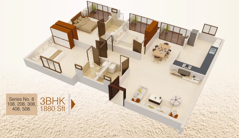 3BHK 1880 Sft